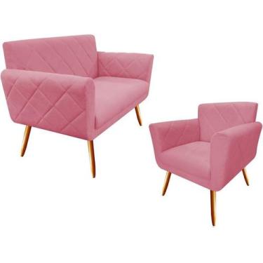 Imagem de Kit Namoradeira + 1 Poltrona Decorativa Sabrina Suede Rosa Pés Madeira