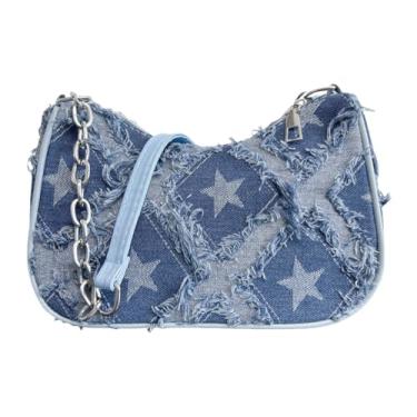 Imagem de ModaBay Bolsa de ombro jeans para mulheres, retrô quadriculada ou padrão de estrelas, bolsa vintage anos 90 Y2K, bolsa pequena para meninas adolescentes, Azul, Small