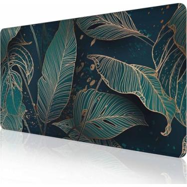 Imagem de Mouse pad grande estendido para jogos com bordas costuradas, base de borracha antiderrapante para escritório, computador, teclado, laptop e mesa de casa, 90 x 40 cm, folhas de palmeira douradas verdes