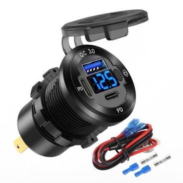 Imagem de Soquete USB para carro 12V, saída USB C redonda, carregador de 3 porta