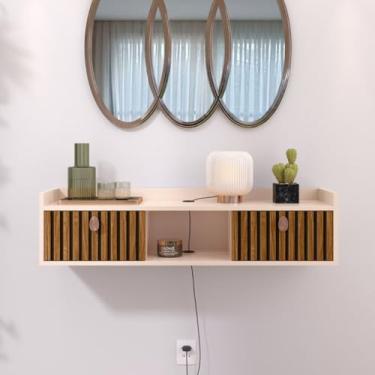 Imagem de Suspenso 90 cm Organizador Para Parede 2 Gavetas Rack Aparador Penteadeira Multiuso Sala Quarto Cozinha Salão (Off White/Ripado)