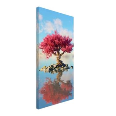 Imagem de PUREVACY Arte de parede de céu azul e árvore de flor rosa para sala de estar. Decoração de arte de parede de quarto para acima da cama. Arte de árvore rosa para paredes estilo vertical 30 x 60 cm / 12