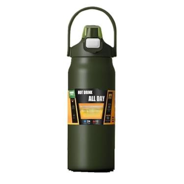 Imagem de Garrafa Térmica Esportiva, 1500ml, Verde Militar, Tampa com Canudo, Manutenção de Temperatura Quente e Fria, Material em Alumínio
