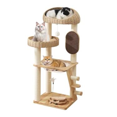 Imagem de Árvore para gatos de madeira maciça, torre moderna para gatos de 127 cm com cápsula espacial, ninho de cesta tecida à mão, postes de sisal e tábua de arranhar, torre interna de vários níveis