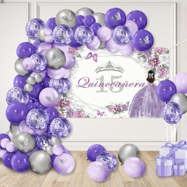 Imagem de AIBIIN Kit De Balões Para 15º Aniversário 15 Anos, Conjunto Com 80 Peças, Cenário Fotográfico Roxo E Prateado, Guirlanda Balões, Arco, Pacote Decoração Festa Menina