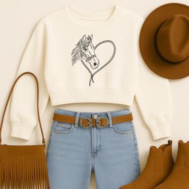 Imagem de Cropped Moletom Country Estampa Cavalo Coração Modinha Estiloso Apaixo