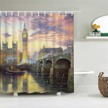 Imagem de Cortina de chuveiro de banheiro com impressão de paisagem de cidade rural, cortina de poliéster com pintura de cenário, decoração para casa, 6299W,W90xH180cm