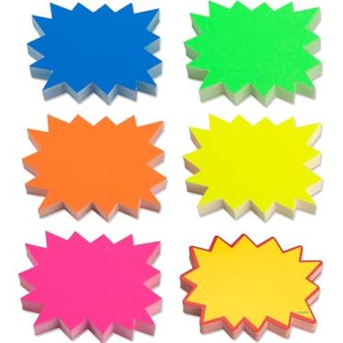 Imagem de ERDOGLY 300 cartões de sinalização Starburst, placas neon de 7 x 8,5 cm, etiquetas de sinalização de venda em branco, placas de venda a retalho de garagem, etiquetas de preço para quintal, decorações