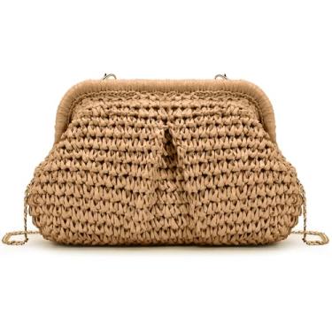 Imagem de DJ LADY NADA Bolsa transversal Boho de palha – Bolsa de ombro de tecido para mulheres com alça de corrente, bolso interno e estilo clutch, Caqui, Small, Boho Chic, Casual Elegante