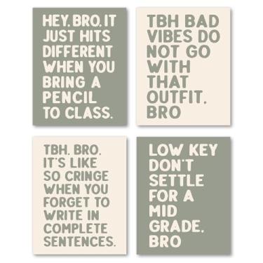 Imagem de Hxlac Conjunto de 4 impressões de arte de parede engraçadas para sala de aula, pôsteres do ensino médio, decoração de parede verde e branco, decoração de parede de sala de leitura engraçada, 20 x 25