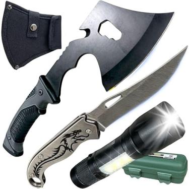 Imagem de Canivete Tático Dobrável, Machado Multiuso, Lanterna Recarregável, Kit Sobrevivência, Ferramenta Tática para Camping, Caça, Pesca, Emergências, Aventura e Defesa Pessoal, Compacto e Resistente