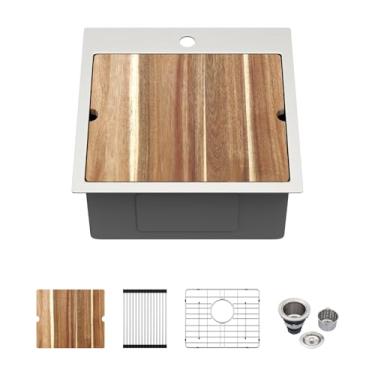 Imagem de Kichae Pia de barra de pia de cozinha Drop In - 45,7 x 45,7 cm pequena montagem superior de aço inoxidável para trailers, tigela única, borda para estação de trabalho, preparação de barra, lavatório