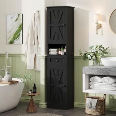 Imagem de Armário de banheiro de altura de 170 cm, armário de armazenamento estreito com 2 portas de celeiro e 1 gaveta, armários independentes com 5 prateleiras e prateleira de armazenamento aberta para