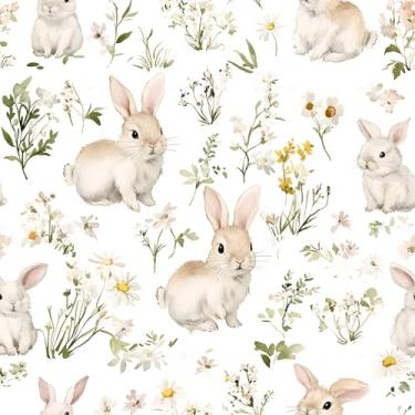Imagem de Papel de parede animal, papel de parede autoadesivo de 45 cm x 118 cm, papel de contato autoadesivo com flores de coelho para sala de estar, quarto, banheiro, armário de parede