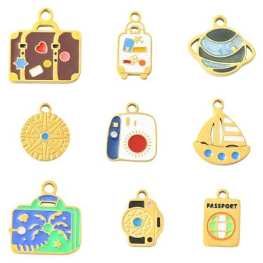 Imagem de UR URLIFEHALL 9 peças, 9 estilos, pingentes de viagem de aço inoxidável, esmaltados, para câmera, passaporte, mala, pingentes para fazer você mesmo, pulseira, colar, joias