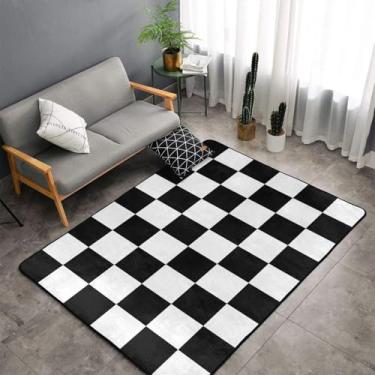 Imagem de Jbofyee Tapete xadrez preto e branco, antiderrapante, microfibra macia, lavável, tapete de xadrez para sala de estar, quarto, escritório, dormitório, decoração de casa, 152 x 99 cm