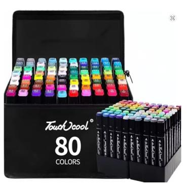 Imagem de Estojo com 80 Canetinhas, Permanentes, Coloridas, Escolar, Ponta Dupla, Multiplas Cores para Colorir