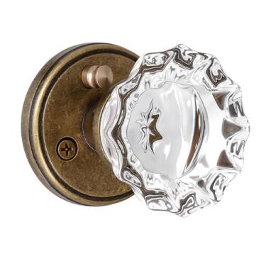 Imagem de SHINY HANDLES Maçanetas de porta de latão antigo, interior de cristal, maçaneta de porta de privacidade para quarto e banheiro, maçaneta de porta de vidro, trava de botão de pressão