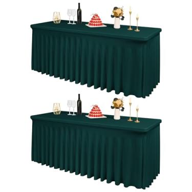 Imagem de 2 pacotes de roupas de mesa de elastano verde esmeralda para mesas retangulares de 1,8 m, capa de mesa resistente a amassados, saias de mesa elásticas laváveis para casamentos, festas, banquetes