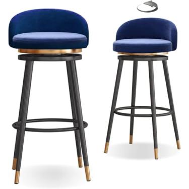 Imagem de Conjunto De 2 Bancos De Bar Cadeiras De Bar Giratórias De 360° Com Assento Estofado Macio, Pernas De Metal Cargas De Bar Até 200kg, Blue, Black