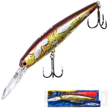 Imagem de Pristis Isca suspensa Minnow Crankbait para pesca de robalo, mergulho raso de 6 a 1,2 m com peso preciso e ganchos agudos de alta resistência, isca de natação Topwater para água salgada e doce, brilho