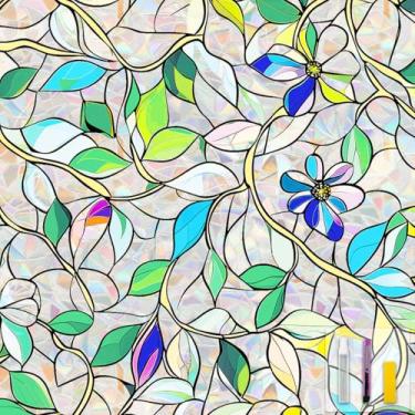 Imagem de Película de privacidade para janela de vitral decorativa para decoração de sala de casa, película de janela arco-íris com aderência estática, blackout para banheiro, quarto, carro (videira de flores)