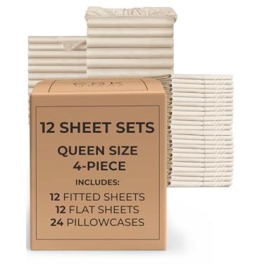 Imagem de Pacote com 12 conjuntos de lençóis - (12) conjuntos de lençóis completos - roupa de cama queen a granel - pacote de capas de atacado para hotéis, spa e Airbnbs - bolso profundo, sem desbotamento e