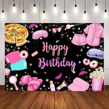 Imagem de Aumeko 2,1 x 1,5 m de pizza e pijama, cenário de aniversário, festa do pijama, festa do pijama, filme, festa noturna, decoração de mesa de bolo com fundo rosa