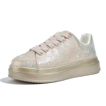 Imagem de LUCKY STEP Tênis de strass para mulheres, plataforma, brilhante, brilhante, brilhante, moderno, deslumbrante, casamento, festa, caminhada, tênis, Dourado, 8