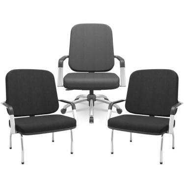 Imagem de Kit Cadeira de Escritório Giratória e 2 Cadeiras Fixas Cromada Magno P03 Crepe Preto - Lyam Decor