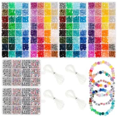Imagem de 3200 peças de contas de pônei de 64 cores para kit de fabricação de pulseiras, superfície lisa, arco-íris cores brilhantes letras do alfabeto kit de contas de pônei a granel com cordão elástico para