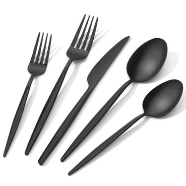 Imagem de KINGSTONE Conjunto de talheres de 20 peças, aço inoxidável 18/10, utensílios de mesa, incluindo garfos, facas, colheres para casa, cozinha, restaurante, casamento, lava-louças, preto