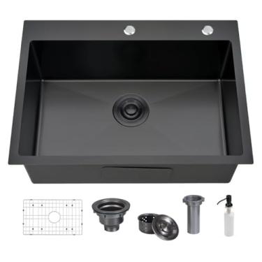 Imagem de Pia de cozinha profunda de aço inoxidável 304 moderna tigela única pequena pia de estação de trabalho com grade e ralo de prato (preto, 76 x 56 cm suporte superior)