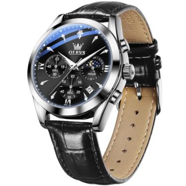 Imagem de OLEVS Relógios masculinos com pulseira de couro, relógio analógico de quartzo, moderno, mostrador grande, data, relógio à prova d'água, vestido luxuoso, luminoso, masculino, Preto e preto, round