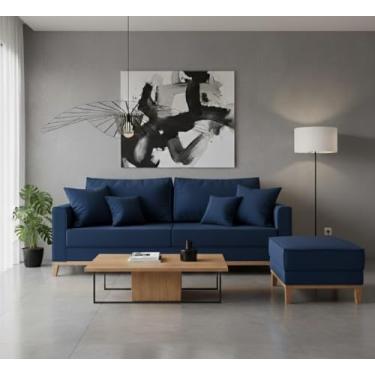 Imagem de Conjunto Sofá Beny e Puff Beny, 2 Peças, Tecido Linho. (Azul)