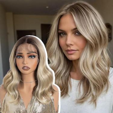 Imagem de NOBLE Peruca loira mel 35 cm renda frontal - divisão central, ondas naturais com cabelo de bebê