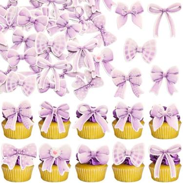 Imagem de Gyufise 50Pcs Edible Purple Bowknot Cupcake Toppers Wafer Paper Bowknot Cake Dessert Picks Baby Shower Princess Cupcake Toppers for Birthday Party Decoration Supplies