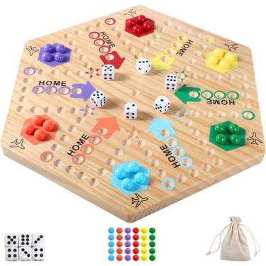 Imagem de Wahartoly New Ludo Board Game - Solid Wood Double-Sided Ludo Game Board for 6 and 4 Players, Comes with 24 Marbles, 6 Dice, and an Instruction Manual – for Adults, Family, and Parties.