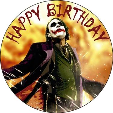Imagem de Topo de bolo Joker Heath Ledger de 19 cm – Decorações de bolo de aniversário comestíveis redondas, bolo de feliz aniversário