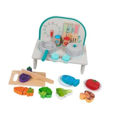 Imagem de YIJU Conjunto de cozinha infantil, cozinha de madeira para brincar, presente, artesanato, modelo faça você mesmo, fogão de para jardim de infância, Blue Set B