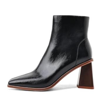 Imagem de MOTIMODEN Bota feminina de cano curto com zíper grosso salto médio retrô quadrado bico fino botas curtas sapatos de salto para mulheres outono inverno, Patente preta, 35