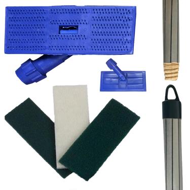 Imagem de Kit SUPORTE LT Limpa Tudo + 2 FIBRAS Multiuso VERDE + 1 Fibra Macia BRANCA + CABO DE MADEIRA 60 Cm Mop Giro 360° Graus