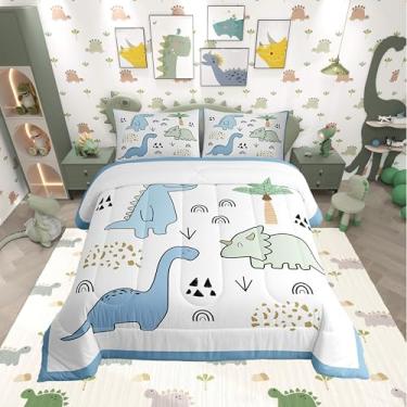 Imagem de Conjunto de edredom infantil de dinossauro, tamanho Queen, desenho animado de animais da selva, decoração alternativa para quarto de adolescentes, azul, branco, verde, pintura à mão, enchimento