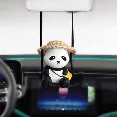 Imagem de 1 Pç Mini Bolsa Amarela Elegante e Bonito Chapéu de Palha Pingente de Carro Panda Desenho Criativo Panda Decoração de Carro Presente de Festa