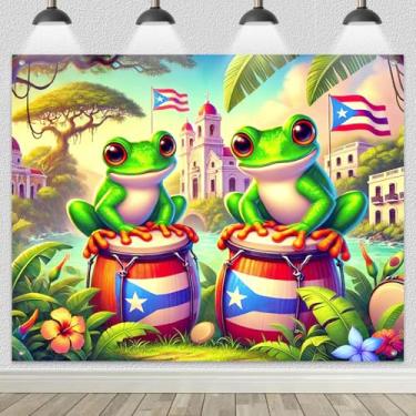 Imagem de HOMETITUTE Pano de fundo de sapo Coqui de Porto Rico 2 × 1,8 m, fundo de bandeira de ilha tropical com tambores e flores, tema musical, faixa para decoração de festa