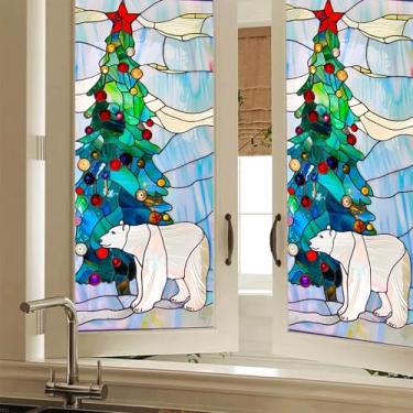 Imagem de HOMETITUTE Película de Natal Vertical Urso Polar Árvore de Natal Estilo Vitral Decorativo Privacidade Janela Adesivos para Casa Sala de Estar Escritório 43 × 100 cm