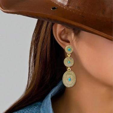 Imagem de Brincos turquesa, joias femininas, vintage, dourado, estilo faroeste, roupa ocidental, roupas femininas de concerto, joias concho