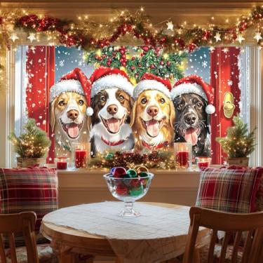 Imagem de HOMETITUTE Película para janela de vitral para cães de Natal, chapéus de Papai Noel, adesivos decorativos de vidro para janela de privacidade, arte festiva de animais de estimação para sala de estar e