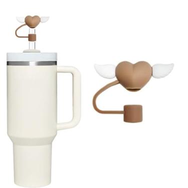 Imagem de Capa de palha de silicone com asas brancas de coração marrom para 10 mm para acessórios de copos Stanley, lindo topo de palha para copos, tampa de palha para tampas de ponta de canudos reutilizáveis