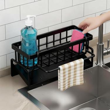Imagem de Suporte de esponja para ferramentas de pia de cozinha - organizador de ferramentas de cozinha com barra de toalha removível com bandeja de drenagem para bancada